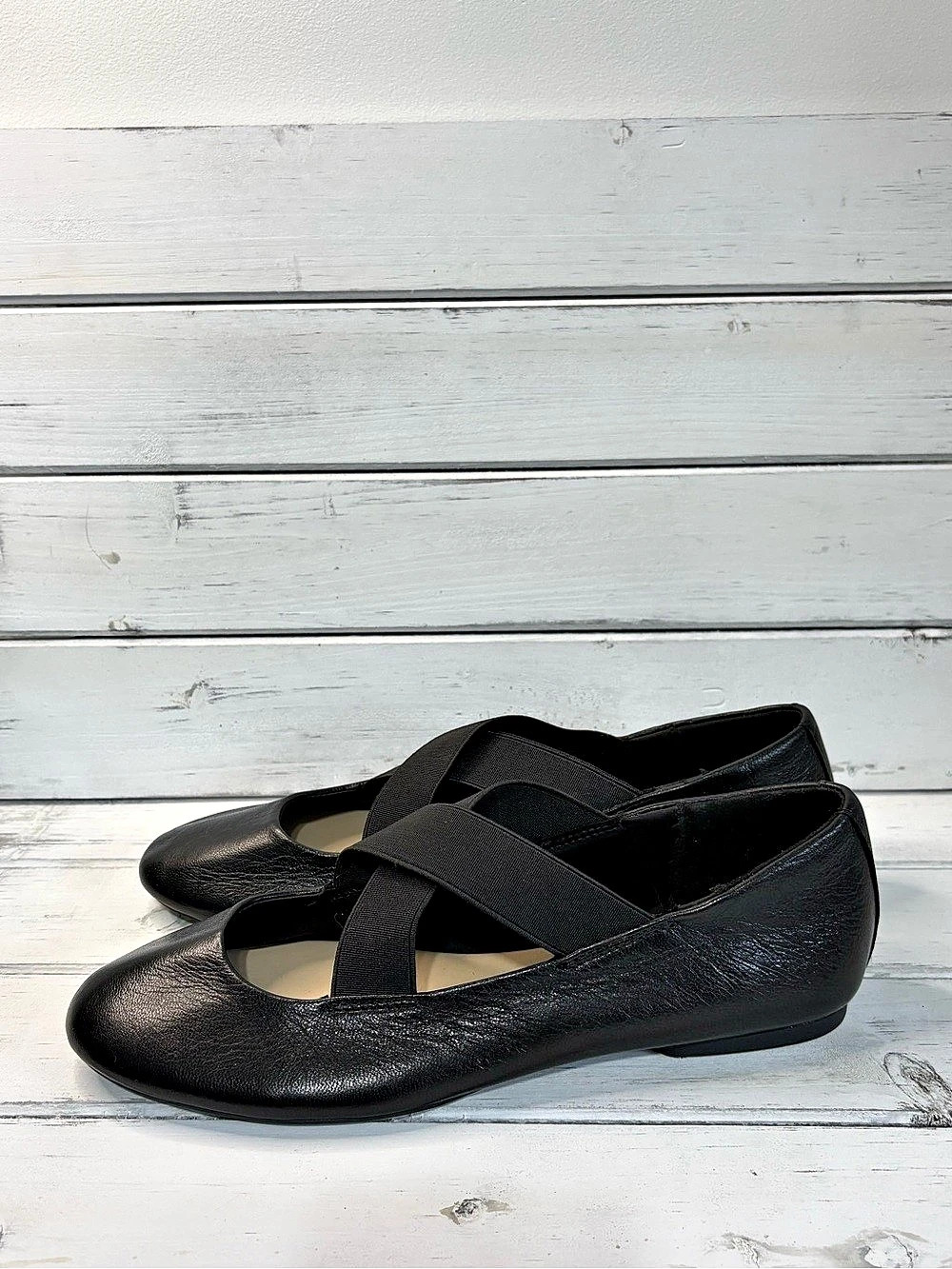 Zara Leather Ballet Flats with Crossed Elastic Straps Black EU 37